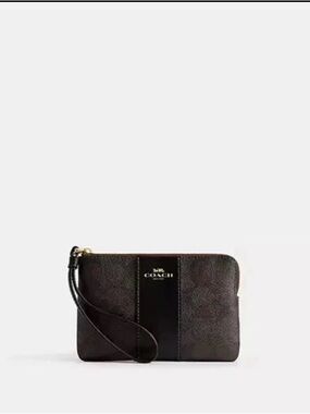 Coach Corner Zip Wristlet CW854 Walnut Black Signature Canvas Leather NWT